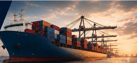 Container ship at port during sunset